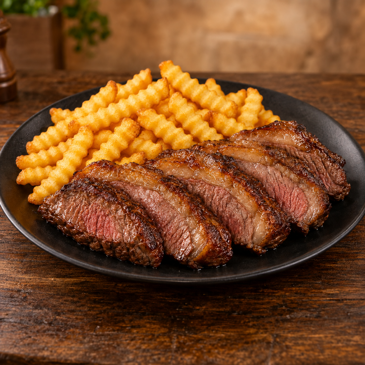 Porção de batata frita crinkle com picanha